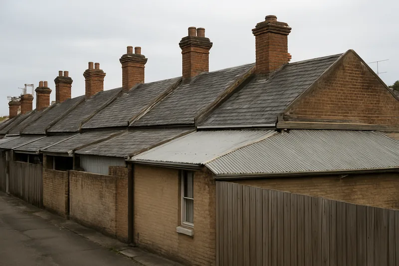 A row of Victorian terrace rooflines with slate slopes, corrugated steel skillions and tall brick chimneys — heritage slate roofs, Sydney. Illustrative example.