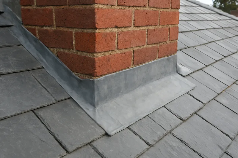Lead flashing dressed around the base of a brick chimney where it meets a slate slope — flashings, valleys and gutters, Sydney. Illustrative example.